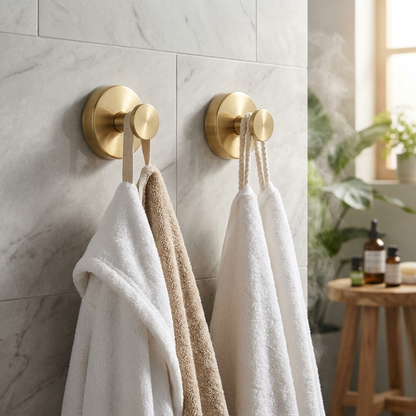 Twist-lock suction cup wall hooks holding towels in bathroom