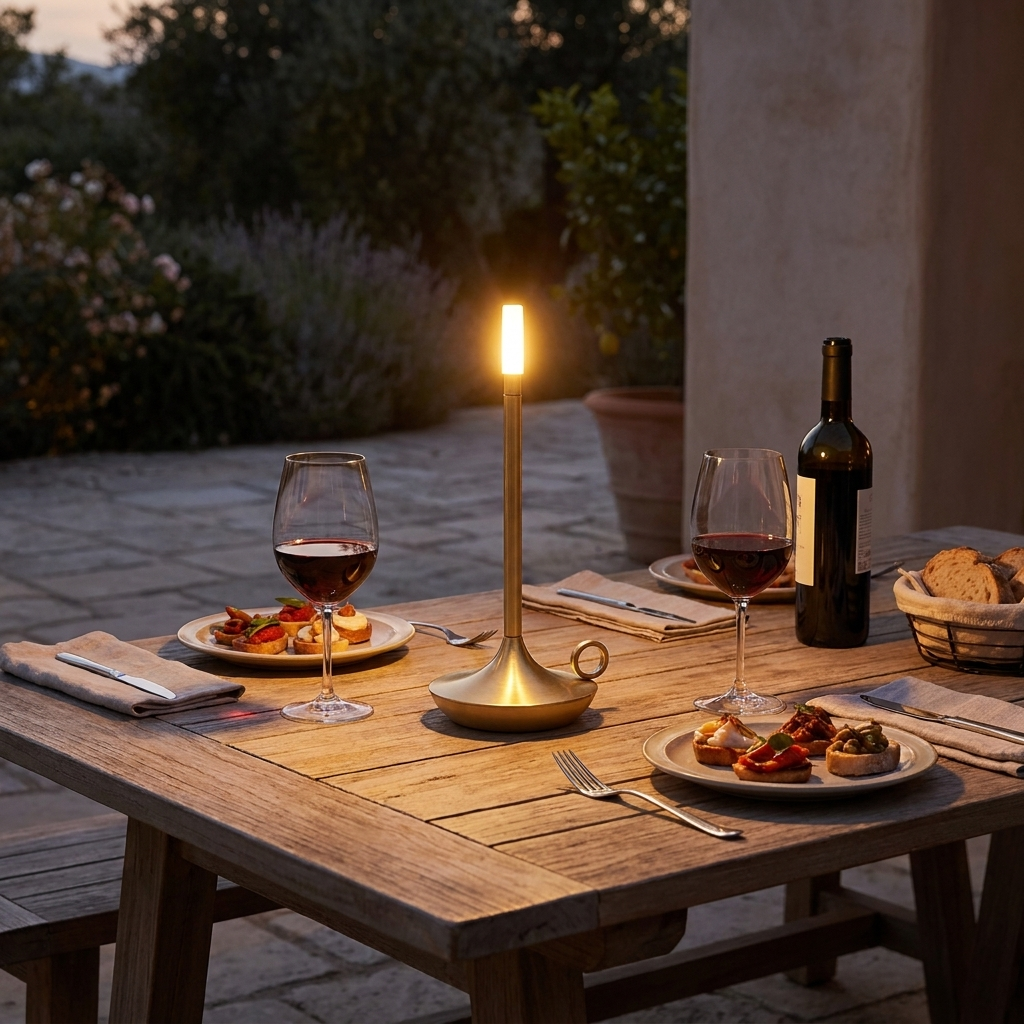 Rechargeable touch table lamp on patio table at dusk with wine glasses