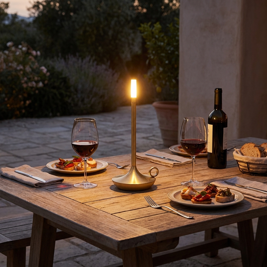Rechargeable touch table lamp on patio table at dusk with wine glasses