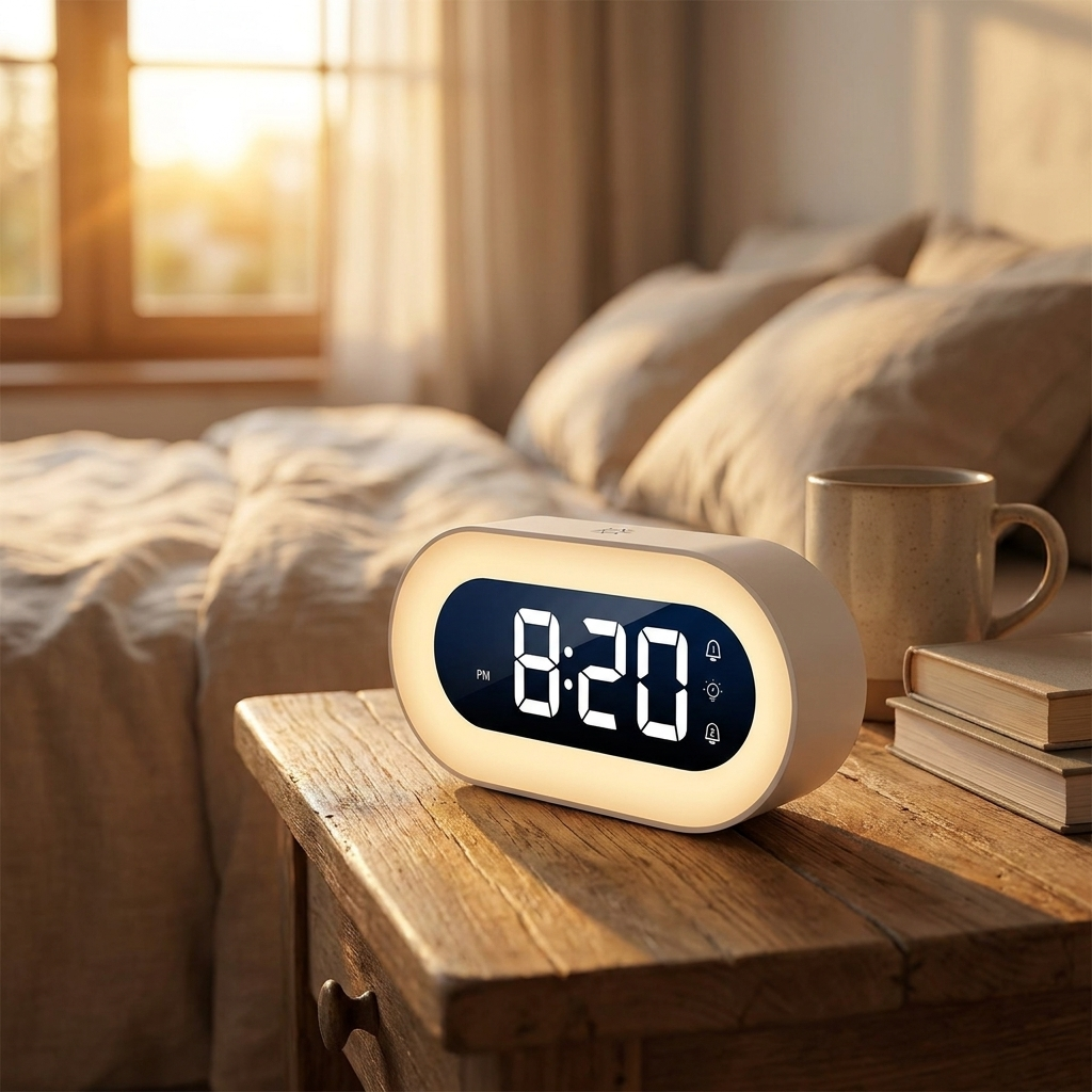 Gentle light alarm clock glowing on bedside table at dawn