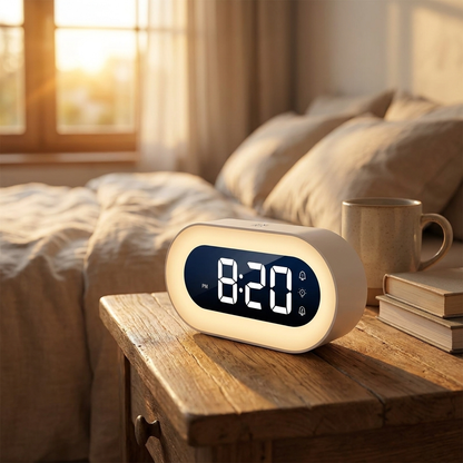 Gentle light alarm clock glowing on bedside table at dawn