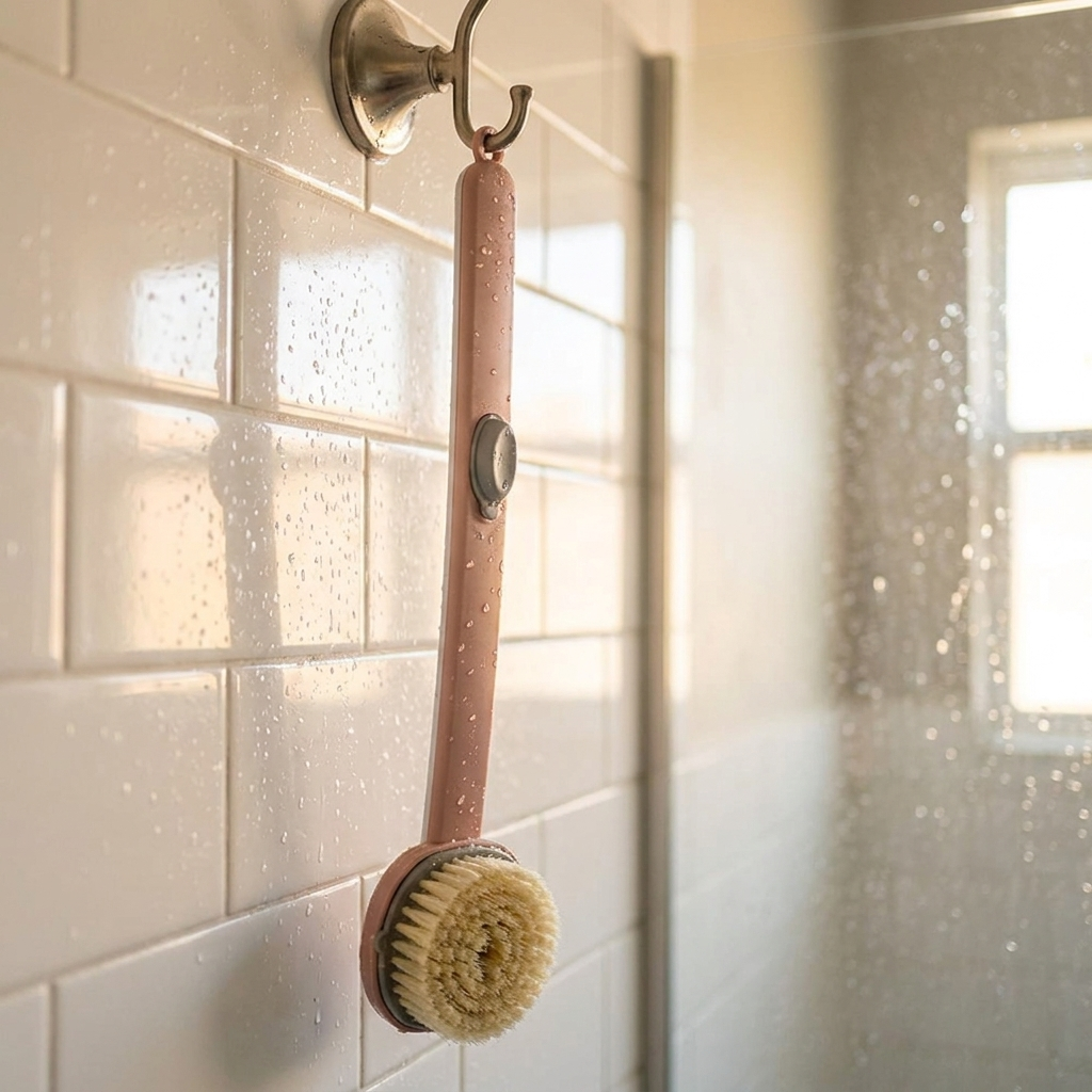 Long handle back scrubber hanging in modern bathroom shower
