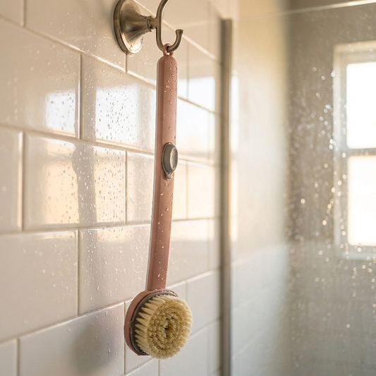 Long handle back scrubber hanging in modern bathroom shower