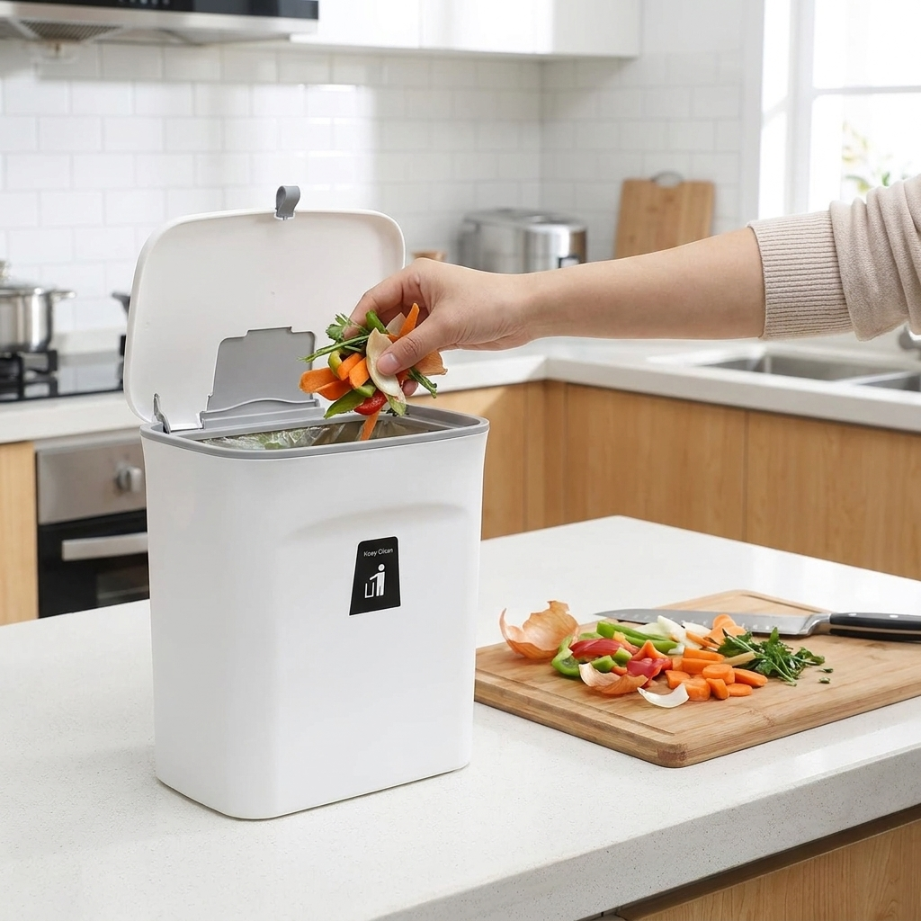 Kitchen compost bin on countertop with vegetable scraps