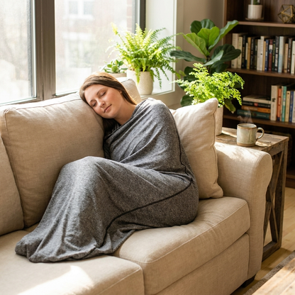 Adult swaddle blanket wrapped around woman on sunlit linen sofa