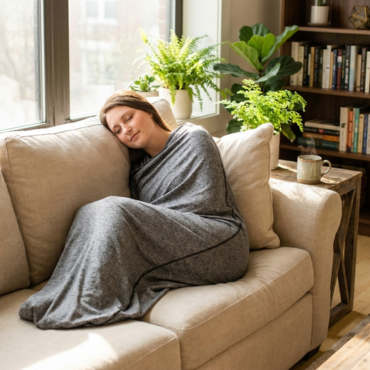 Adult swaddle blanket wrapped around woman on sunlit linen sofa
