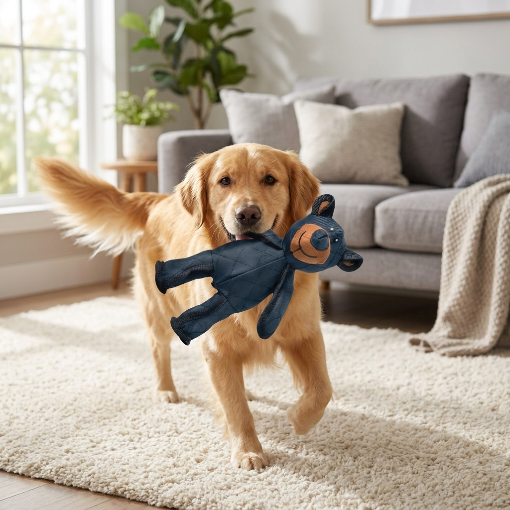 Golden retriever holding plush bear toy in cozy living room