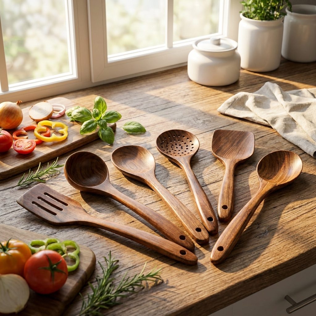 Teak wood kitchen set in use in modern Scandinavian kitchen
