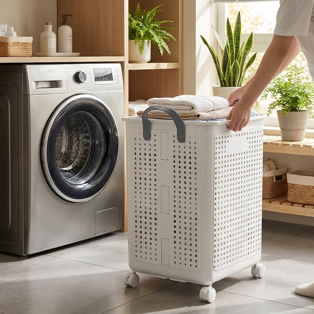Laundry basket with wheels rolling in bright laundry room
