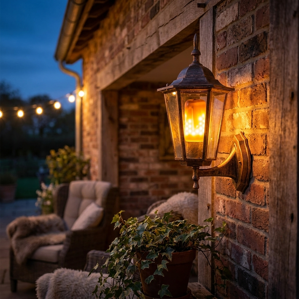LED flame bulb in rustic porch lantern