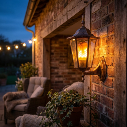 LED flame bulb in rustic porch lantern