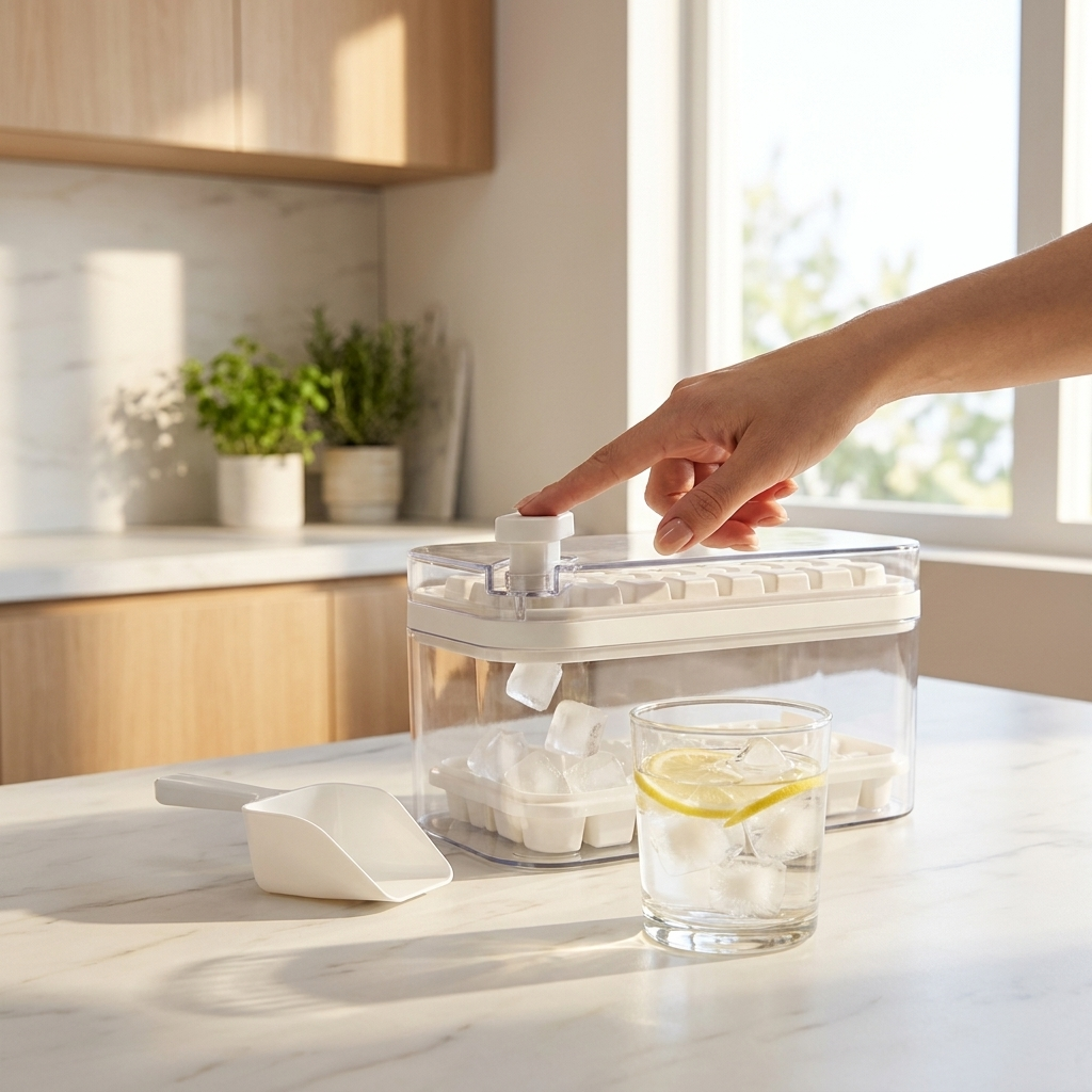 One-click ice tray releasing cubes into glass on sunlit kitchen counter