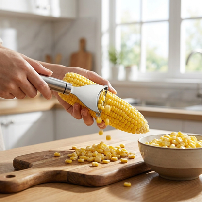 Corn peeler stripping kernels on a cutting board