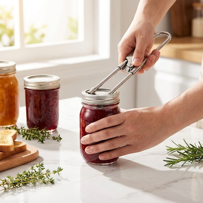 Adjustable jar opener opening preserves in kitchen