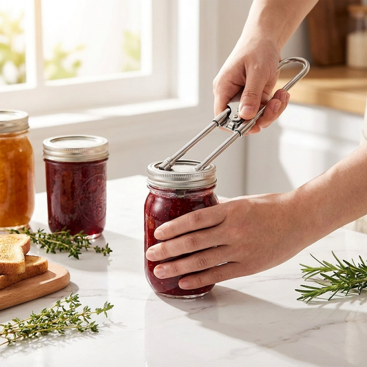 Adjustable jar opener opening preserves in kitchen