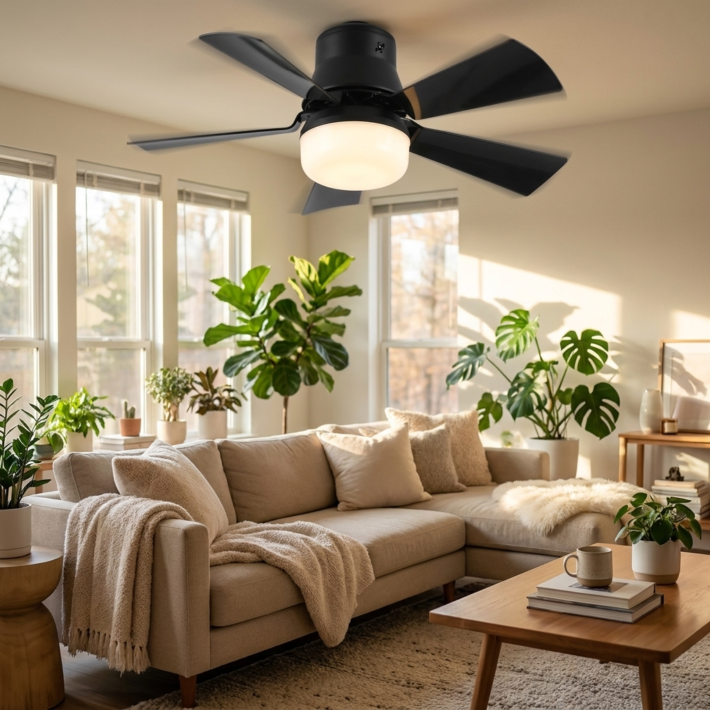 Ceiling-mounted LED fan in modern living room