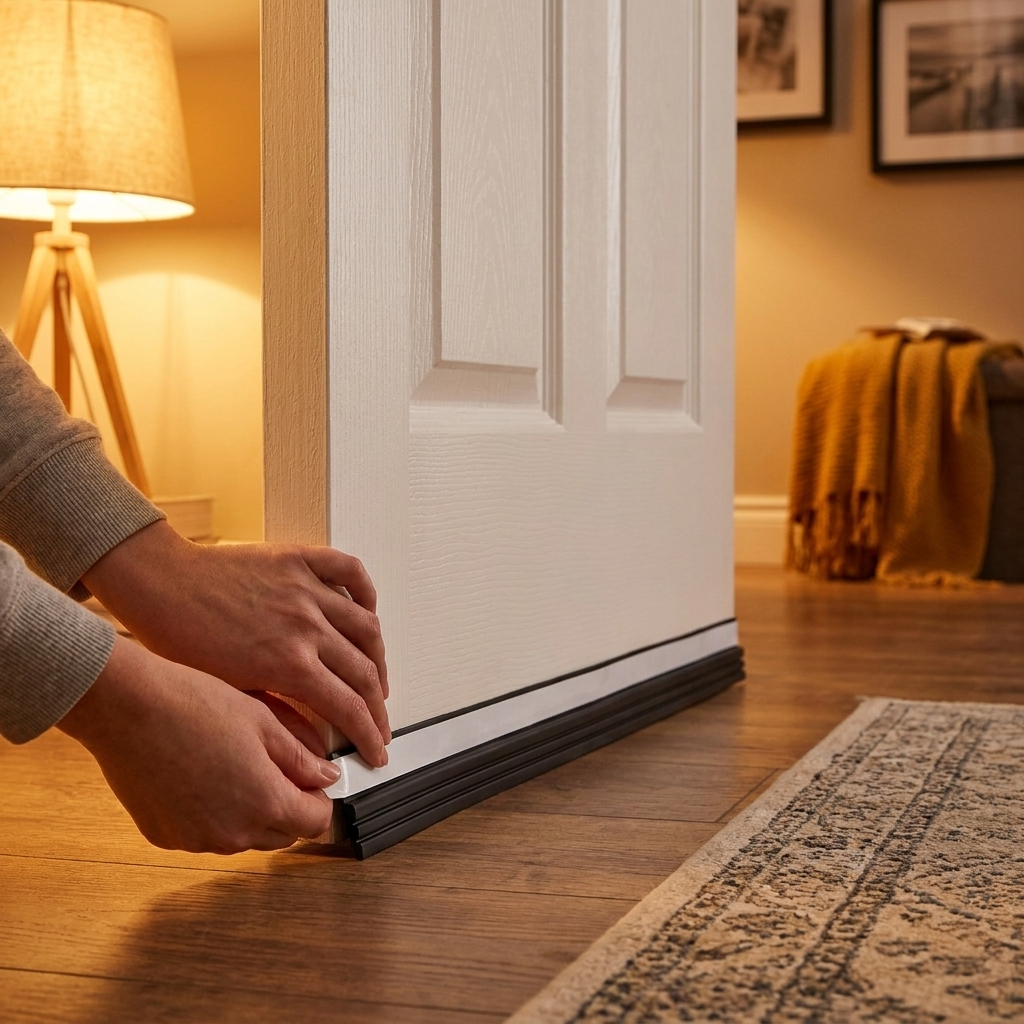 Self-adhesive door seal being applied to interior door in cozy hallway