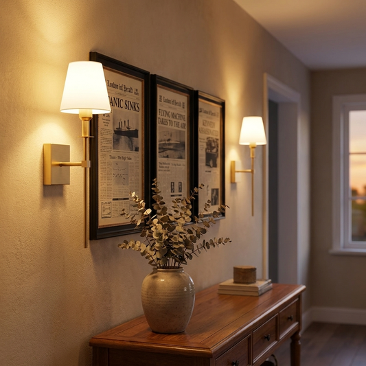 Wireless wall lights in cozy hallway