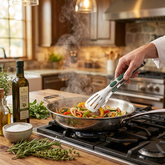 Kitchen tongs gripping vegetables on stove