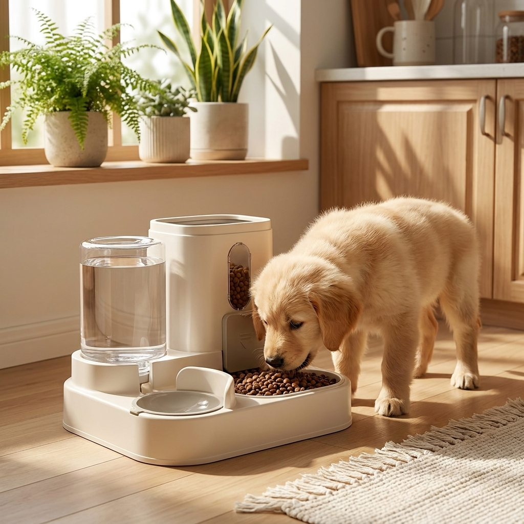 Pet feeder in cozy kitchen with puppy