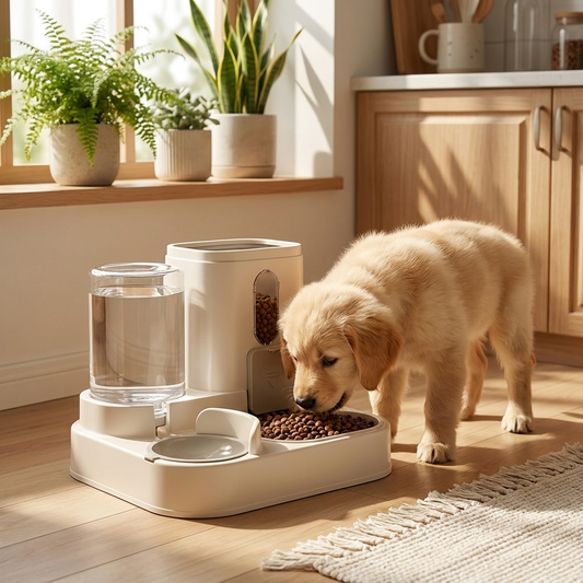 Pet feeder in cozy kitchen with puppy