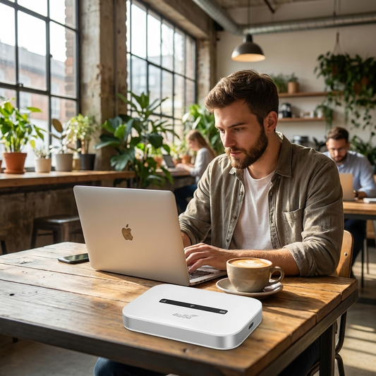 Portable Wi-Fi device on cafe table with laptop, digital nomad workspace