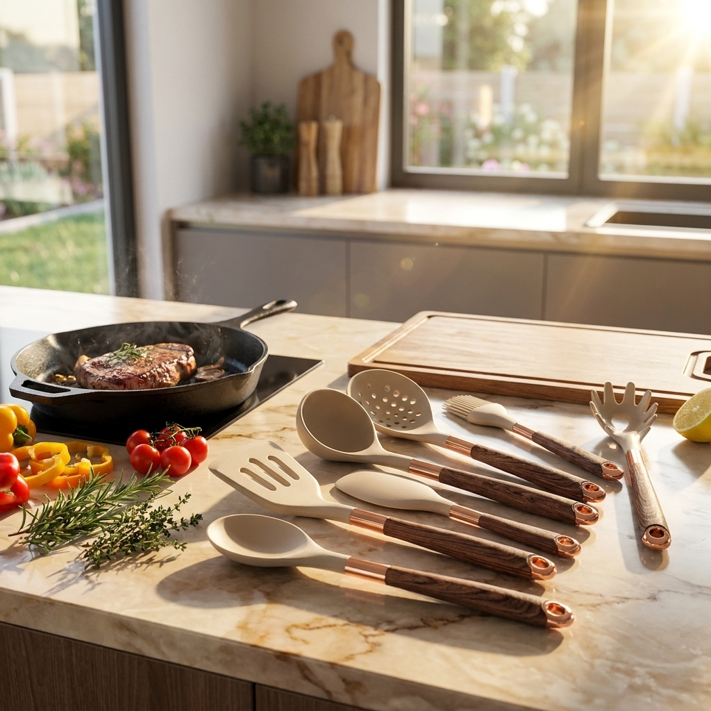 Kitchen utensil set in use in modern kitchen