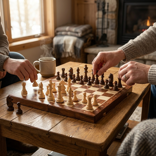 Wooden chess set on coffee table