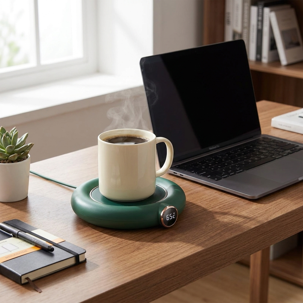 Smart digital cup warmer with coffee on desk