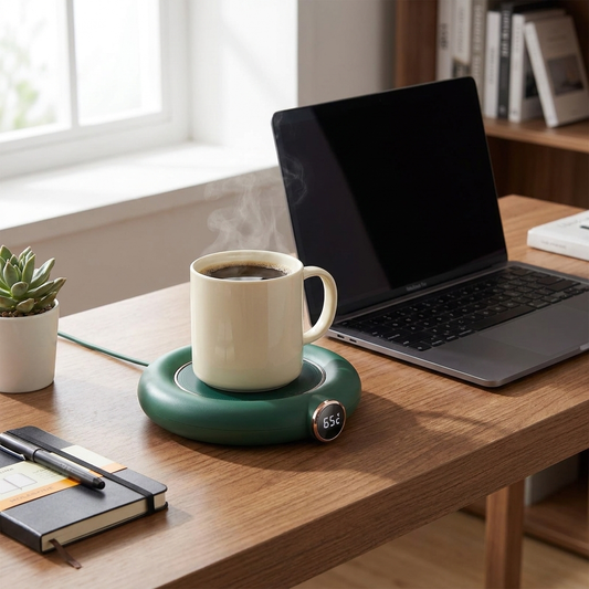 Smart digital cup warmer with coffee on desk