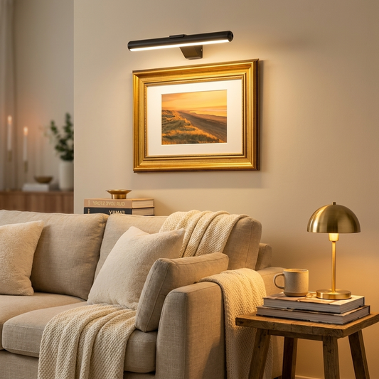 Wireless LED picture light illuminating framed artwork in cozy living room