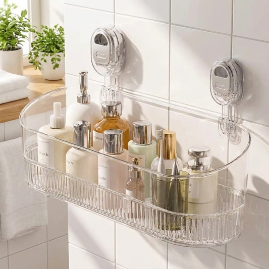 Suction cup storage rack in bathroom