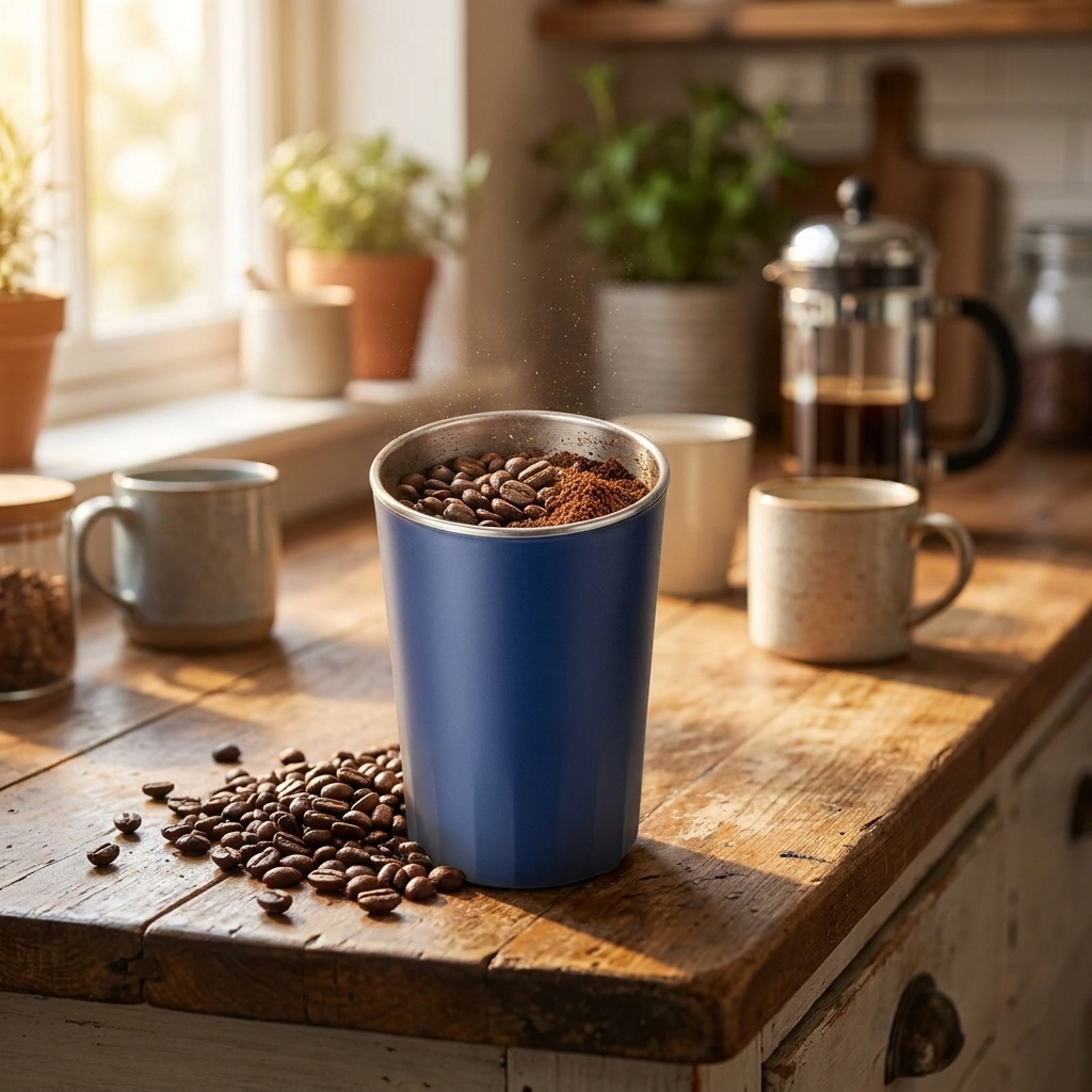 Electric mini grinder in use grinding coffee beans