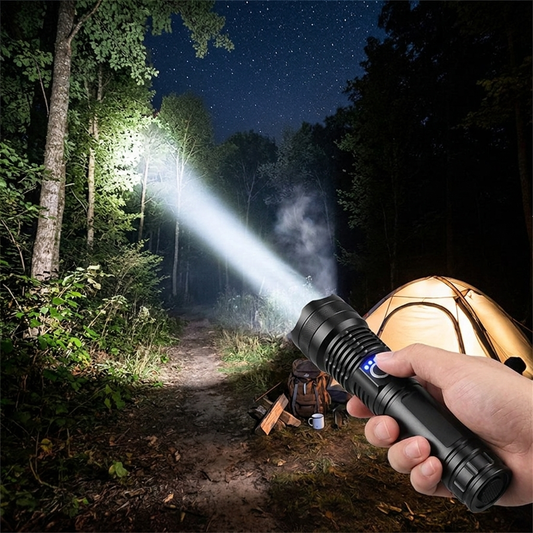 Rechargeable flashlight illuminating wooded night path