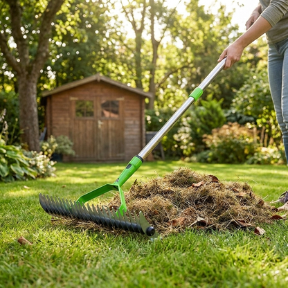 Long reach thatch rake being used on sunny backyard lawn