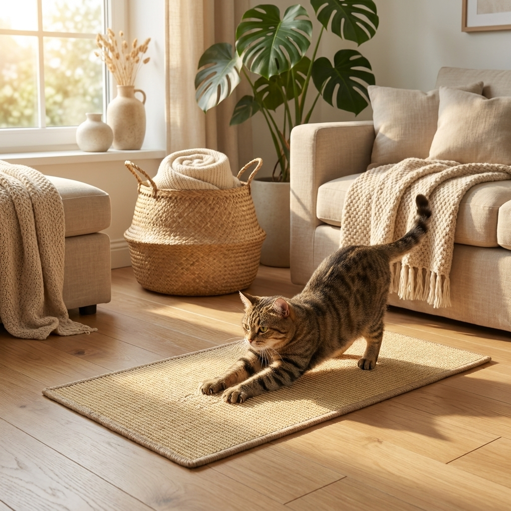 Cat using sisal scratcher mat in sunny living room