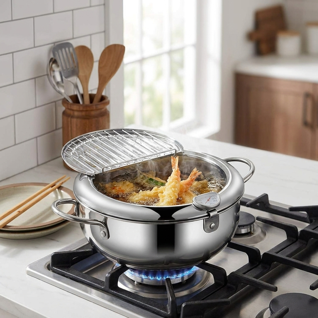 Japanese frying pot with tempura on stove