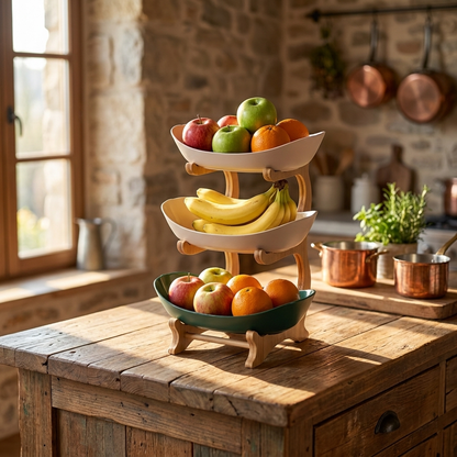 Wooden fruit bowl in kitchen