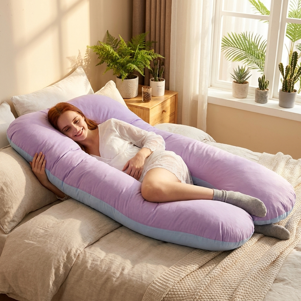 Pregnancy support pillow with expectant mother resting in sunlit bedroom