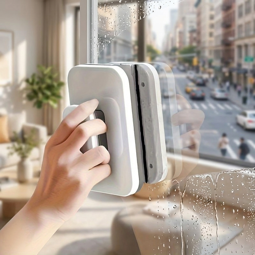 Double-sided magnetic window squeegee in use