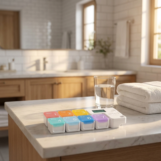 Smart pill organizer on bathroom vanity