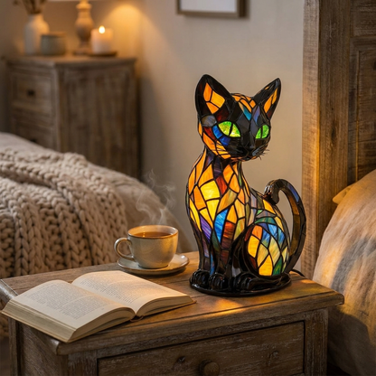 Stained glass cat table lamp glowing on cozy bedroom nightstand