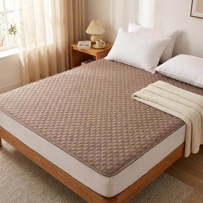 Washable incontinence bed protector laid on a cozy bed