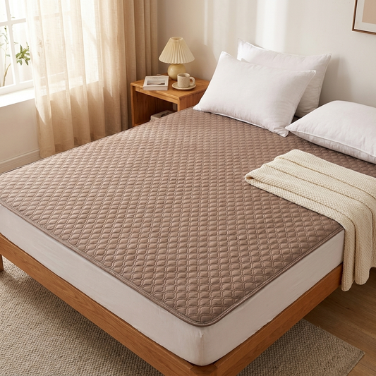 Washable incontinence bed protector laid on a cozy bed