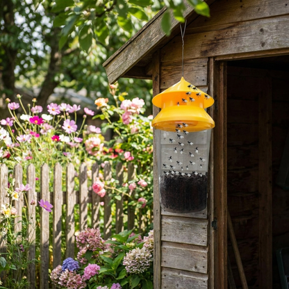 Hanging fly trap in garden