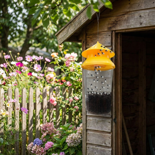 Hanging fly trap in garden