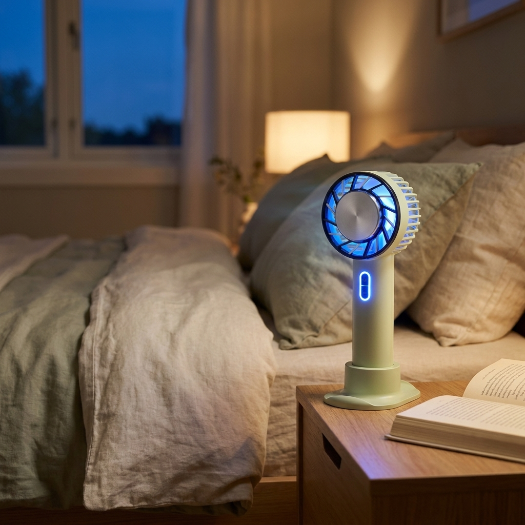 Portable cooling fan on nightstand