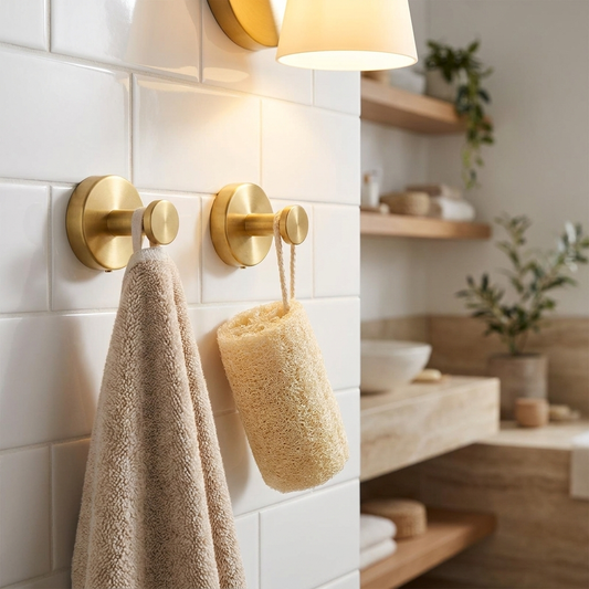 Twist-lock suction cup hooks in bathroom