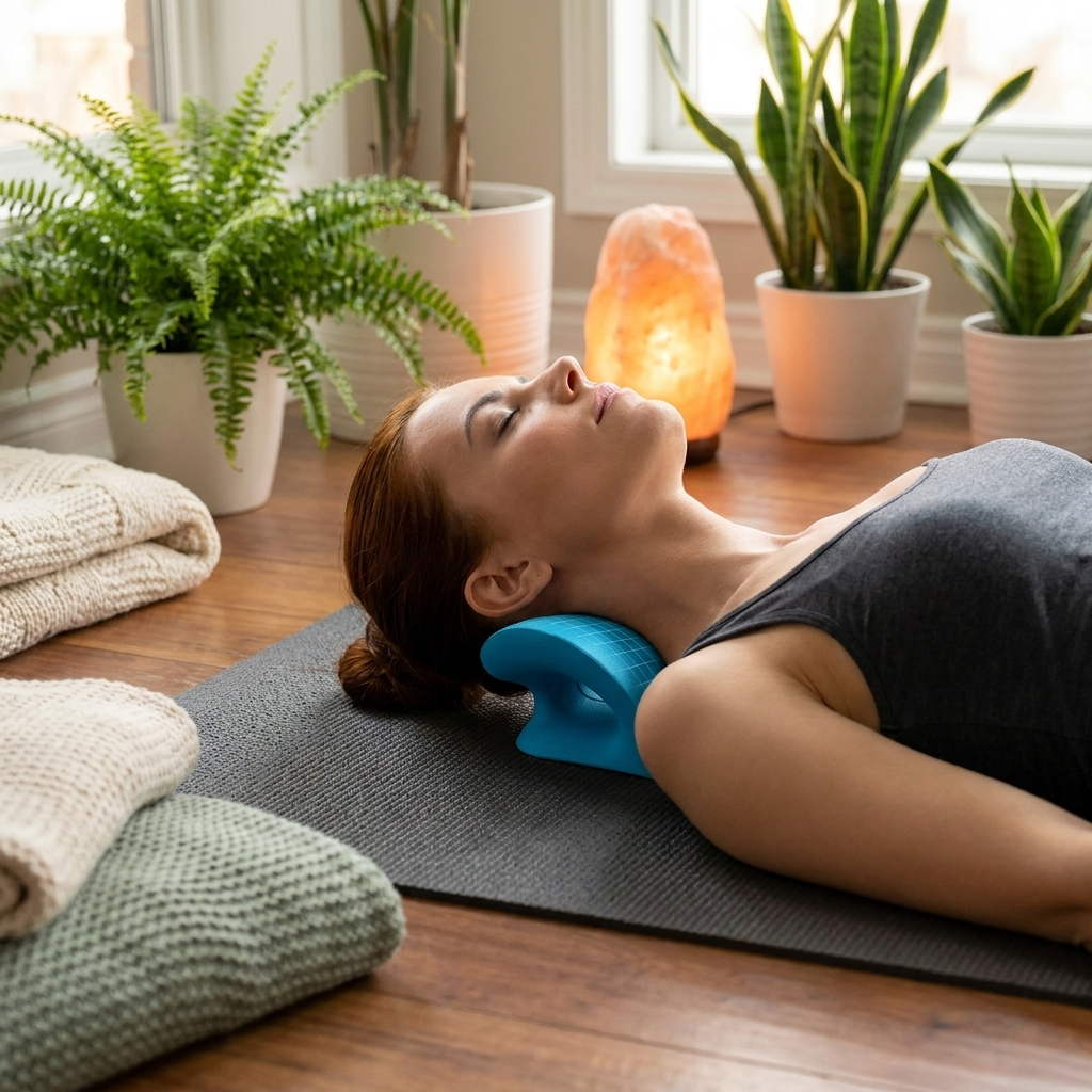 Neck stretcher in home wellness room