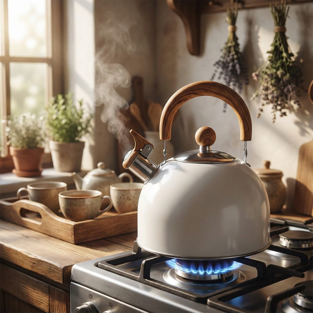Whistling kettle on stovetop in rustic kitchen
